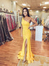 One Shoulder Mermaid Yellow Satin Prom Dress with Slit LBQ3786